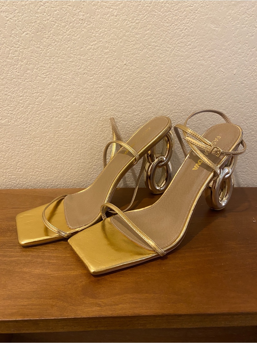 Fashion nova Gold Metallic Strap Heeled Sandals